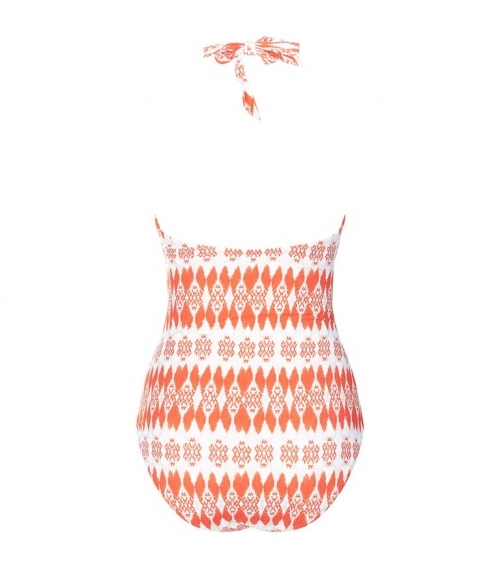 One-piece orange and white swimsuit with U-neck